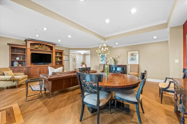 a view of a dining room with furniture