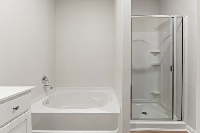 a bathroom with a bathtub and a shower