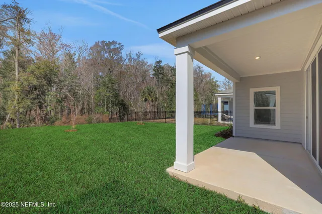 a view of a backyard with plants and large trees