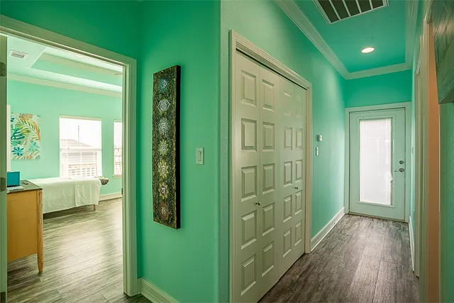 a bathroom with a shower and a mirror