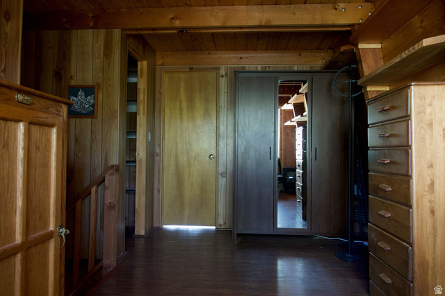 140 East Rim Road Duck Creek Village, UT 84762 - Photo 31 of 45 Corridor featuring dark wood finished floors, wood walls, and a wood ceiling with exposed beams
