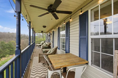 a balcony with furniture