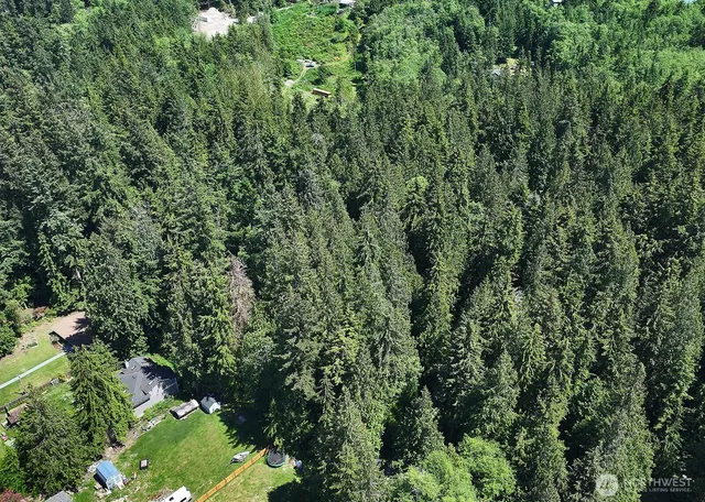 an aerial view of residential house with outdoor space and trees all around