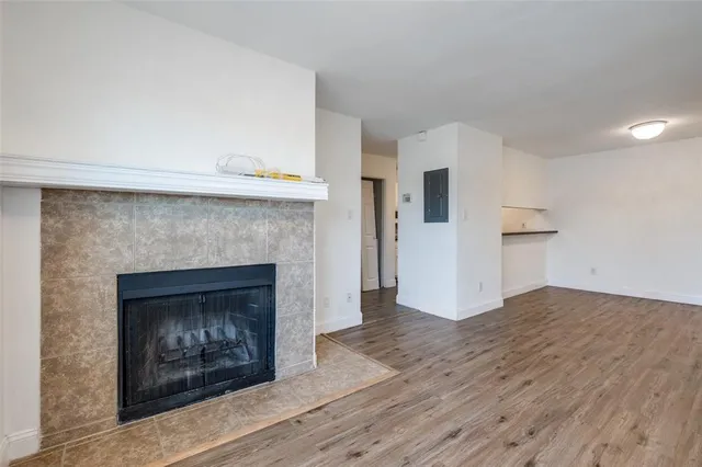 a living room with a fireplace