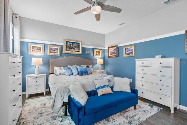 an aerial view of a house with a garden