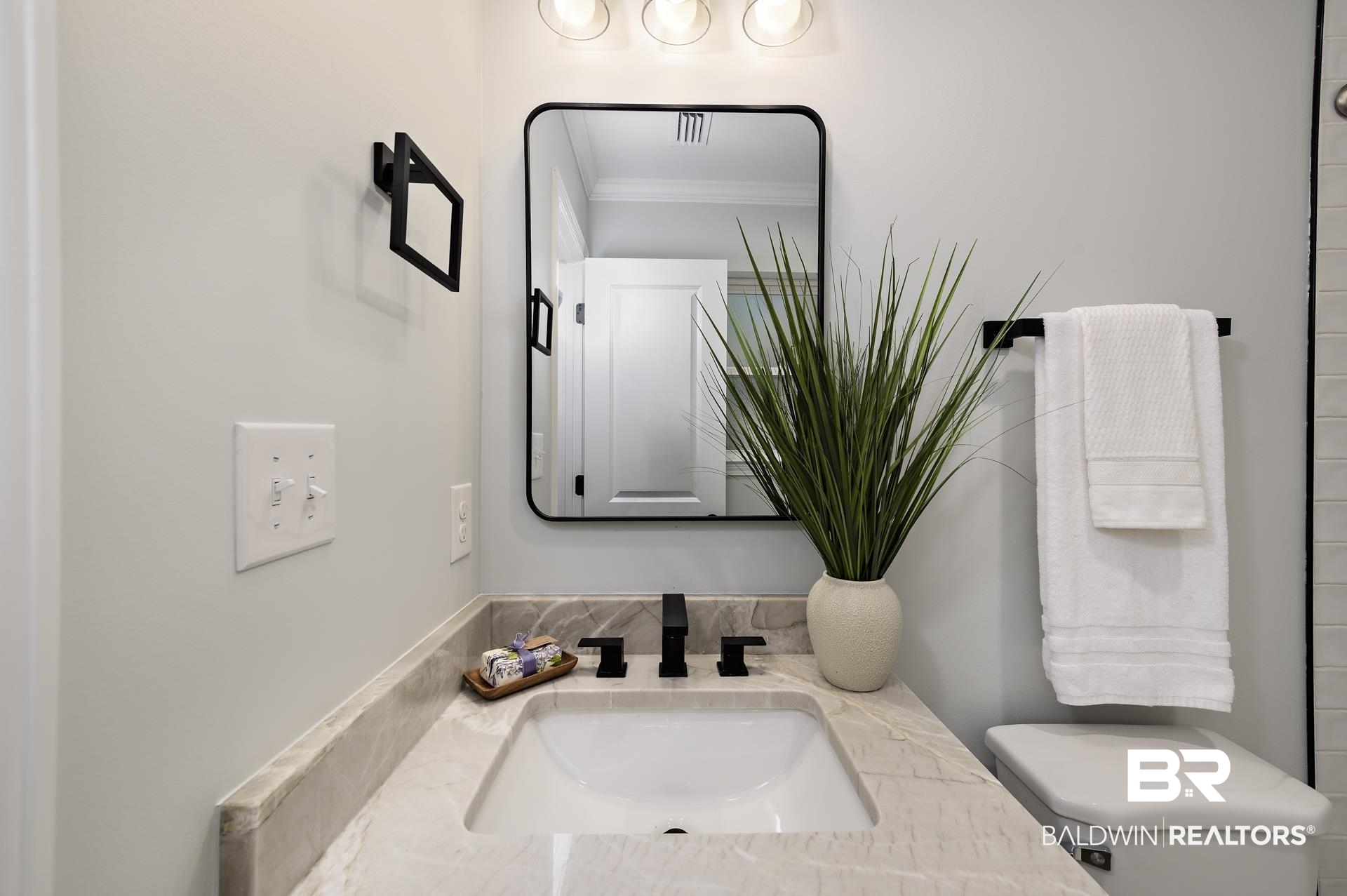 6001 Camp Halls Mill Road Mobile, AL 36619 - Photo 38 of 52 Half bath featuring vanity and crown molding