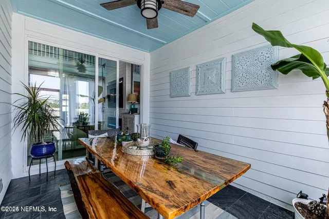 a garden view with a seating space