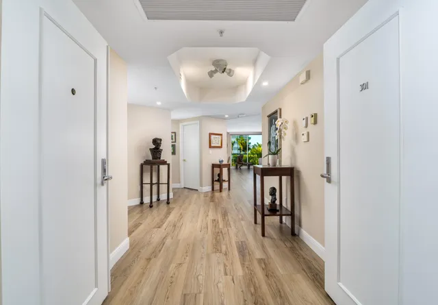 a view of a hallway to a livingroom and a dinning room with furniture