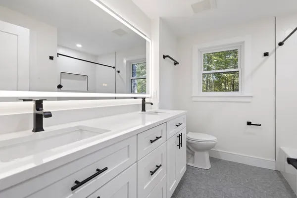 a bathroom with a toilet sink and mirror