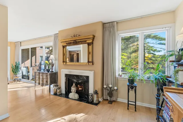 a living room with furniture a window and a fireplace