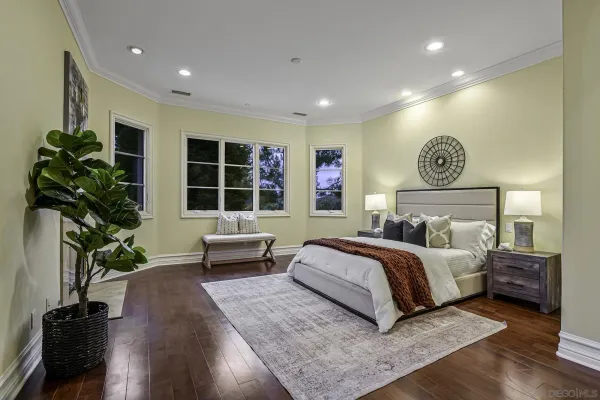 a spacious bedroom with a large bed and a potted plant