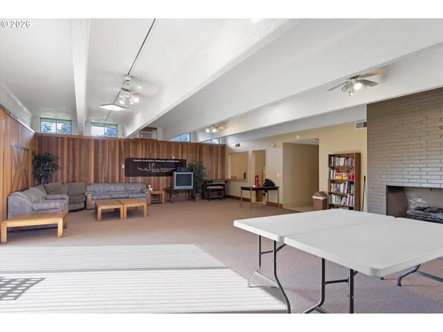 a living room with furniture a rug potted plant and a window