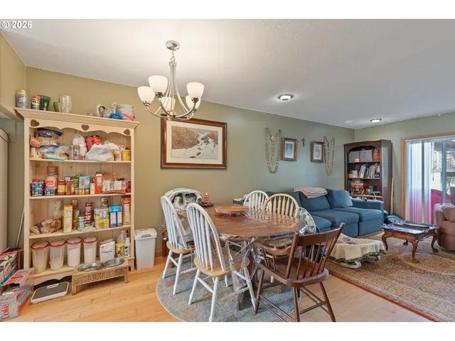 a view of a dining room with furniture