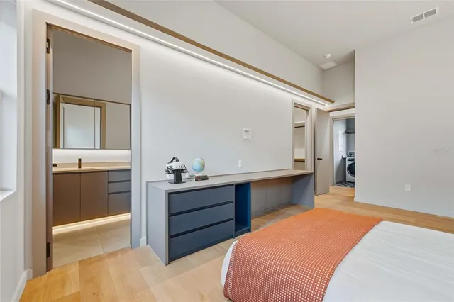 a bedroom with a bed and a desk