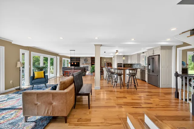 a living room with lots of furniture and kitchen view with potted plants