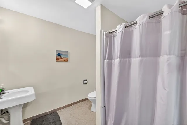 a bathroom with a shower curtain and a toilet