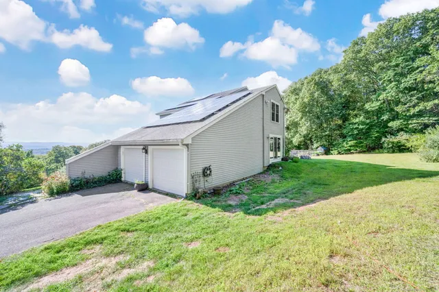a view of a backyard with potted plants and large tree