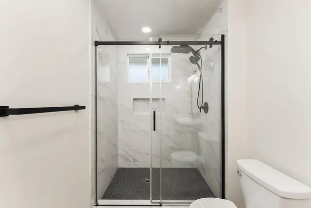 a bathroom with a shower and toilet