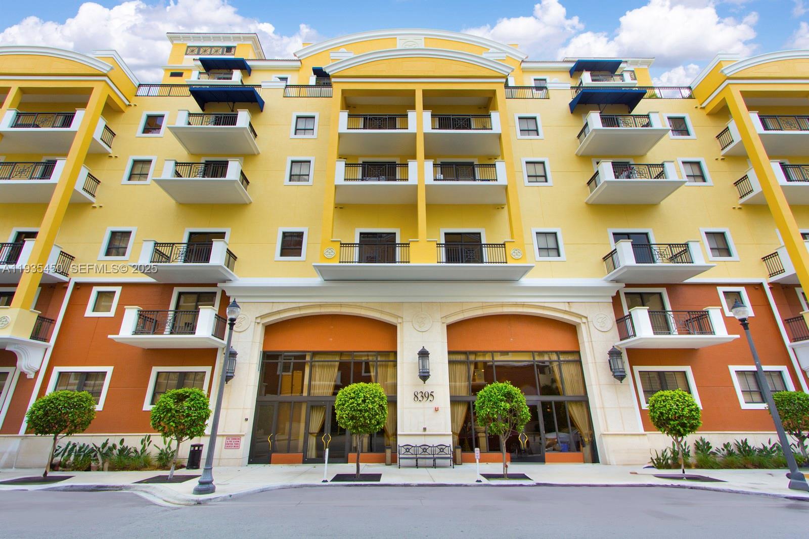 a front view of a multi story building