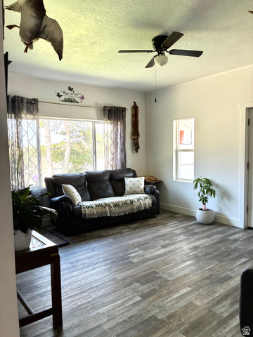 175 Eagle Street Eureka, UT 84628 - Photo 7 of 31 Living room with ceiling fan, a textured ceiling, and wood finished floors