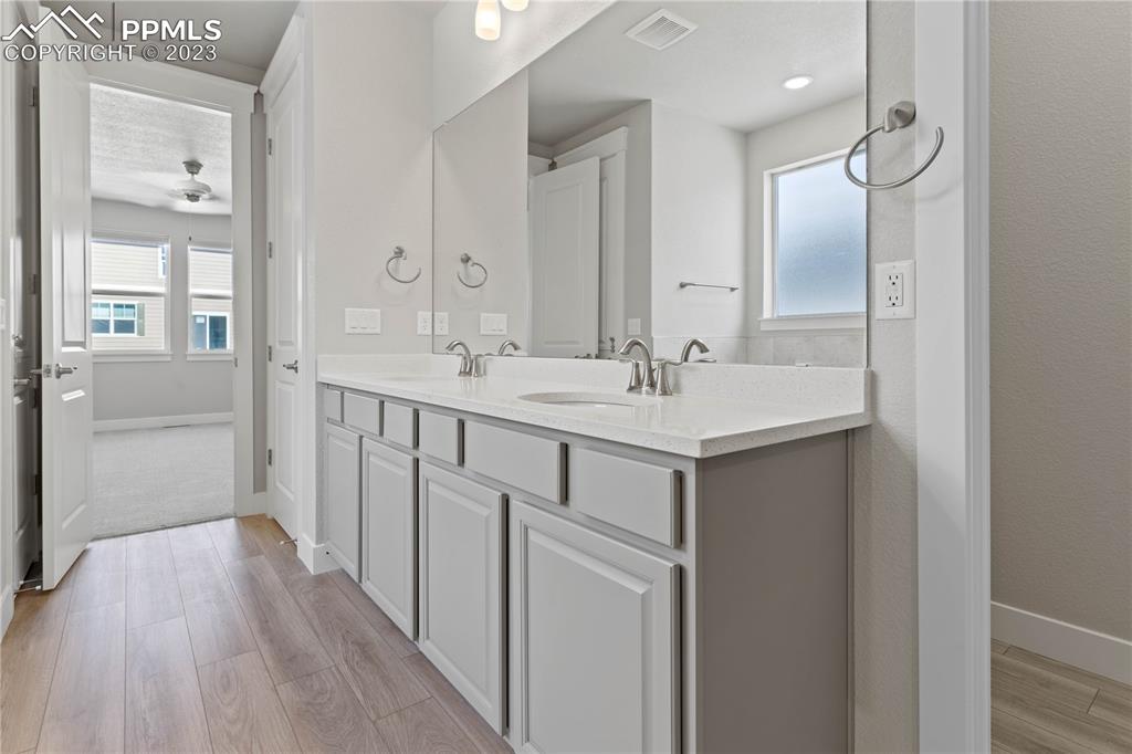 2154 Coyote Mint Drive Monument, CO 80132 - Photo 22 of 46 a bathroom with a sink a mirror a vanity and a shower