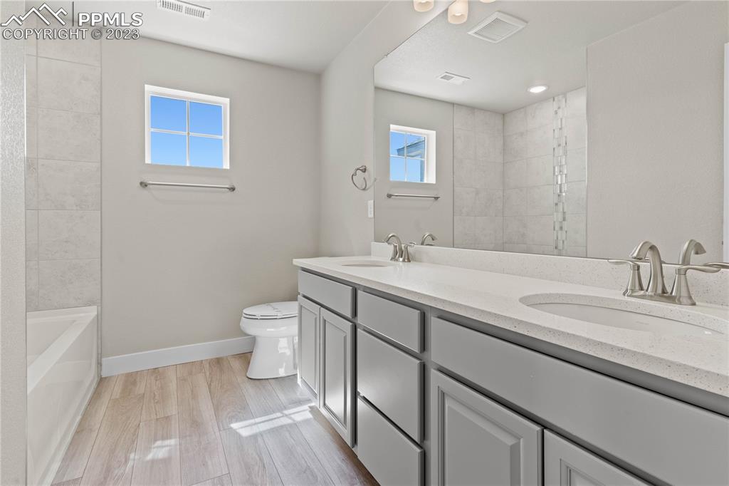 2154 Coyote Mint Drive Monument, CO 80132 - Photo 32 of 46 a bathroom with a double vanity sink and a mirror