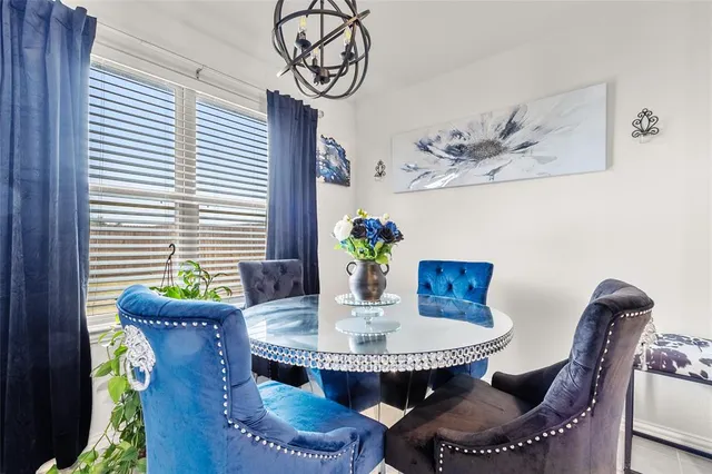 a view of a dining room with furniture and window