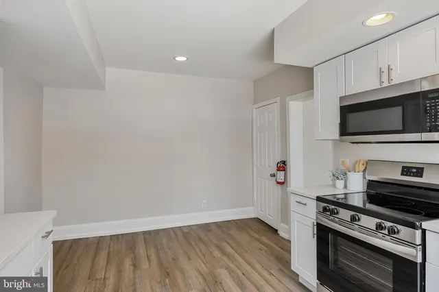 a kitchen with a stove and a microwave