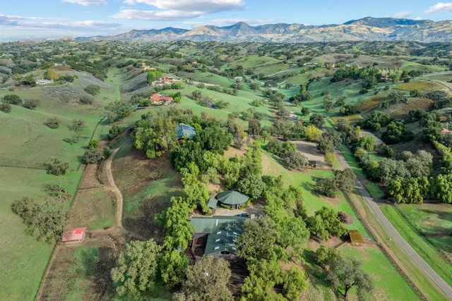 a view of a lush green forest with trees and some houses