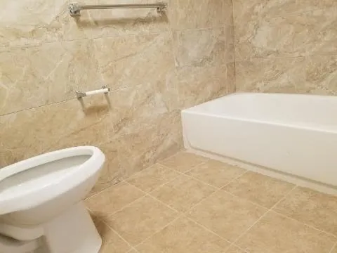 a bathroom with a toilet and a bathtub
