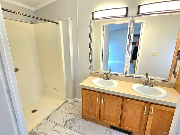 a bathroom with a double vanity sink a mirror and a shower