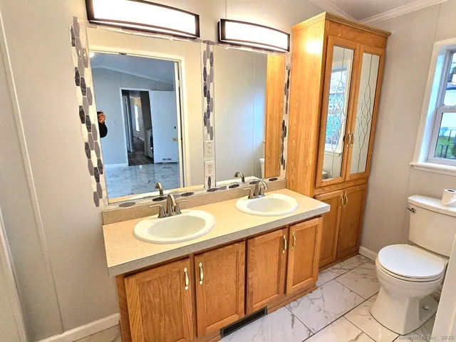 a bathroom with a sink a toilet and a mirror