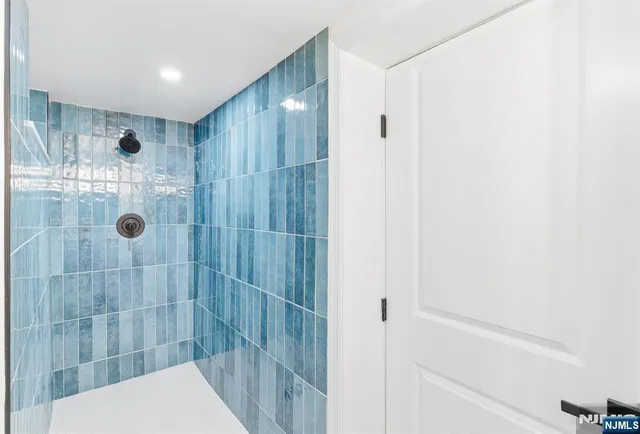 a bathroom with a shower and toilet