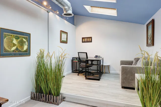 a living room with furniture and a potted plant