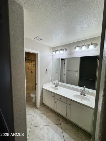 a bathroom with a double vanity sink mirror and toilet