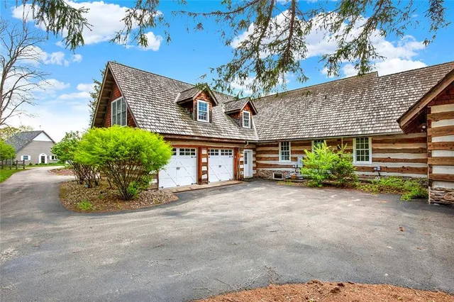 a view of a house with potted plants and a large tree