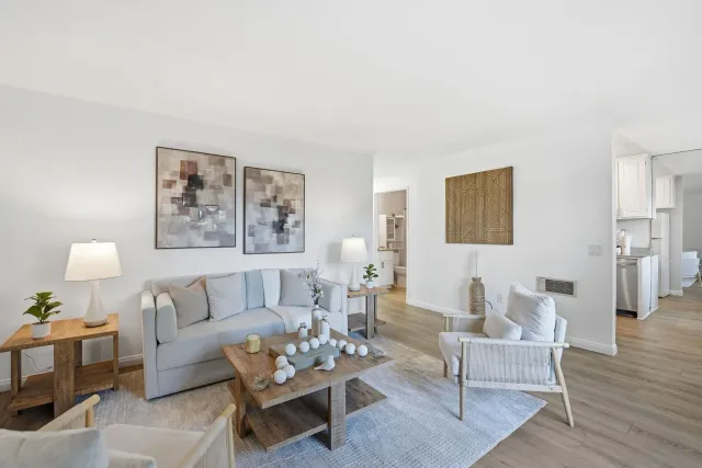 a living room with furniture a lamp on a table and a lamp