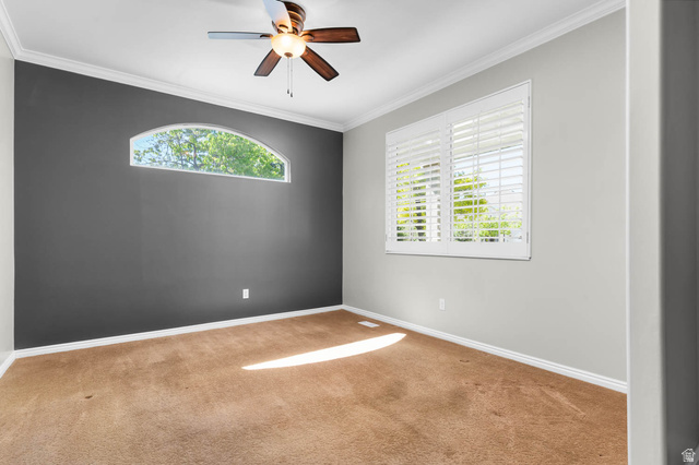 1417 Blacksmith Lane Draper, UT 84020 - Photo 4 of 57 Carpeted interior space featuring a dark accent wall, arched transom window, and a ceiling fan with light fixture