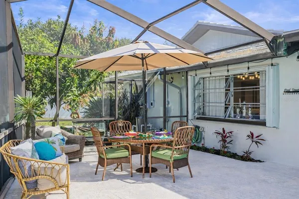 a backyard of a house with outdoor seating
