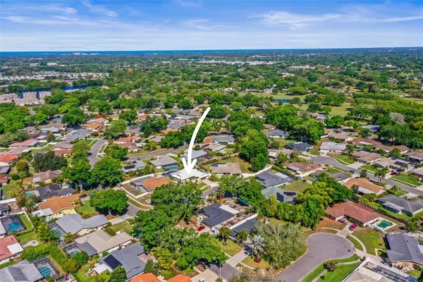 an aerial view of residential houses with outdoor space and trees