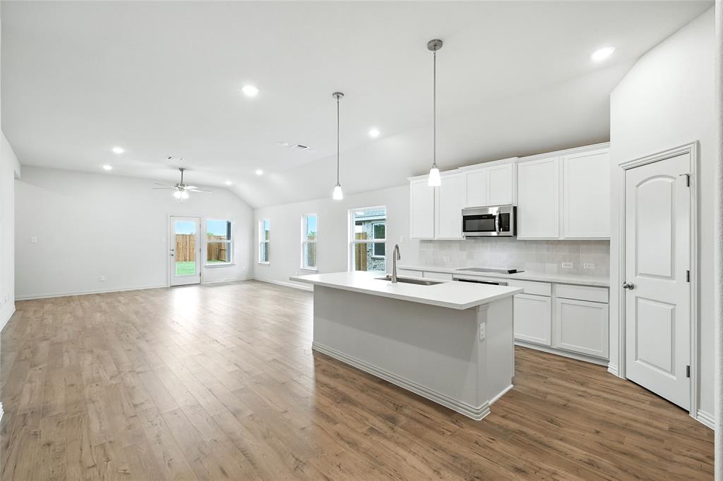 3704 Pitchfork Terrace Anna, TX 75409 - Photo 7 of 31 a kitchen with stainless steel appliances granite countertop a sink a stove a refrigerator and white cabinets with wooden floor