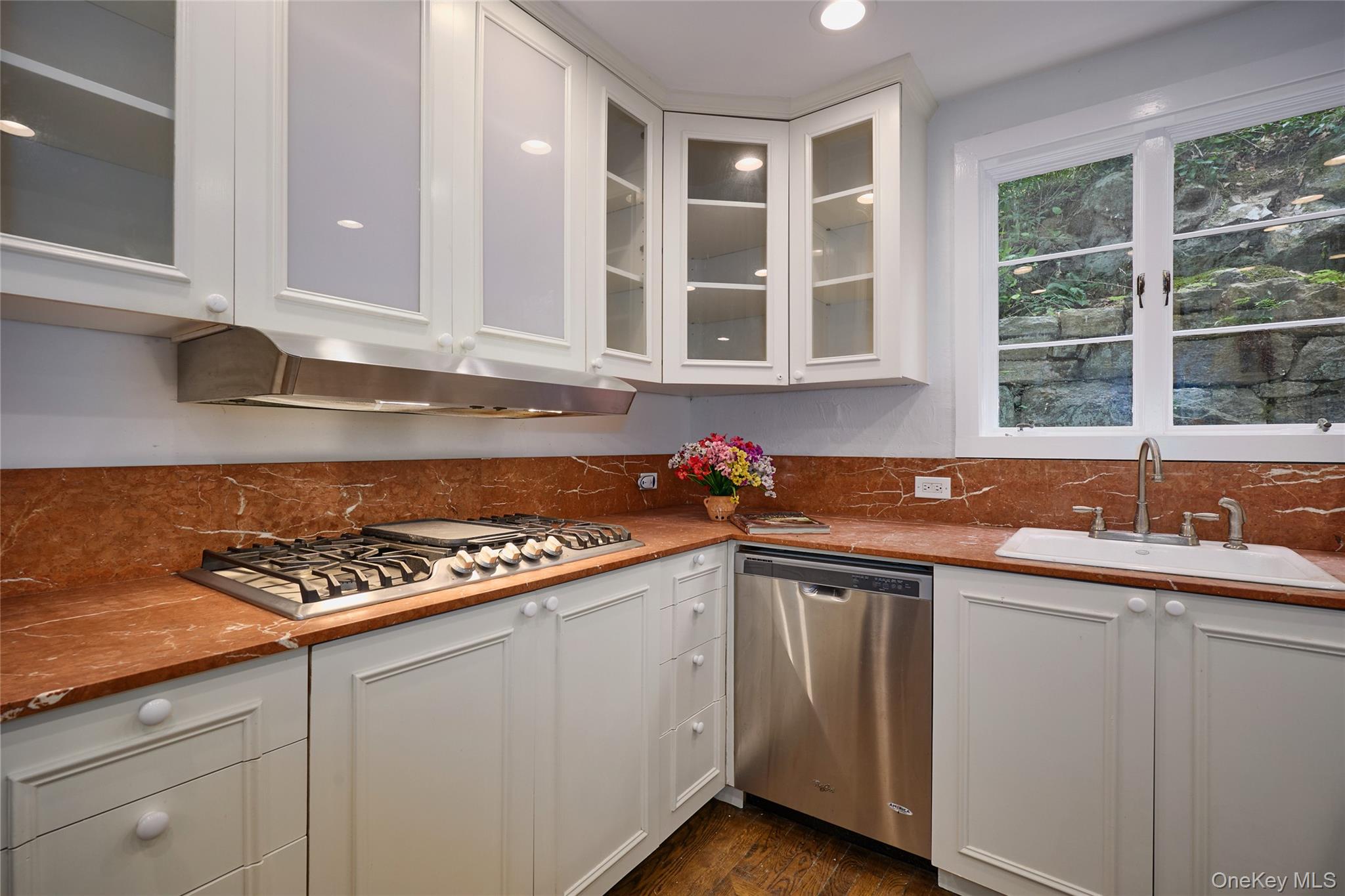 93 Circuit Road Tuxedo Park, NY 10987 - Photo 9 of 34 Kitchen with white cabinetry, stainless steel appliances, glass insert cabinets, and recessed lighting