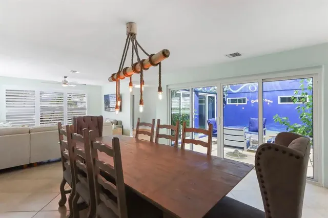 a view of a dining room with furniture window and outside view