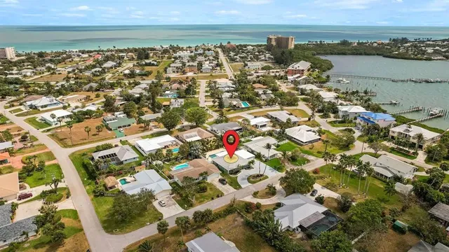 an aerial view of a house with garden