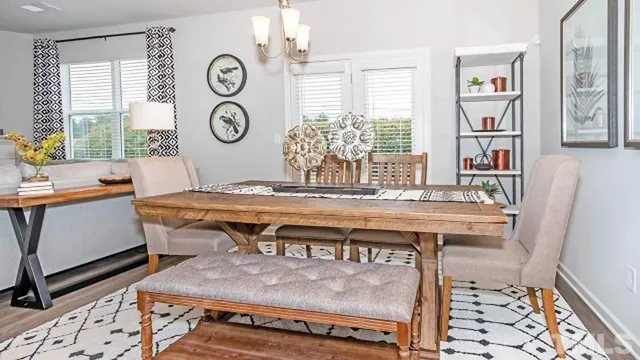 a view of a table and chairs in a room