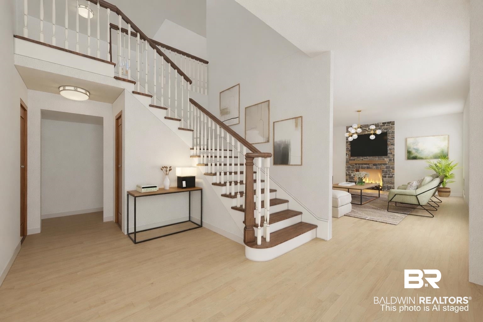 5801 South Fairfax Road Mobile, AL 36608 - Photo 7 of 29 Stairway with a brick fireplace, wood finished floors, a high ceiling, and suspended lighting