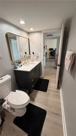 a bathroom with a sink a toilet a mirror and vanity