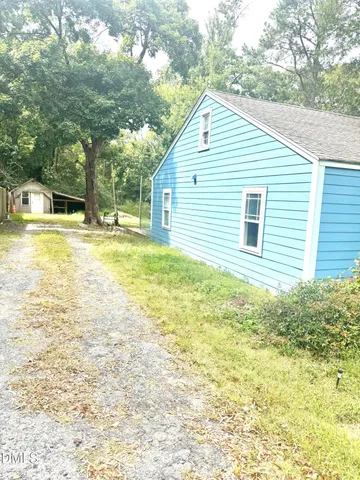 a view of a backyard with large tree