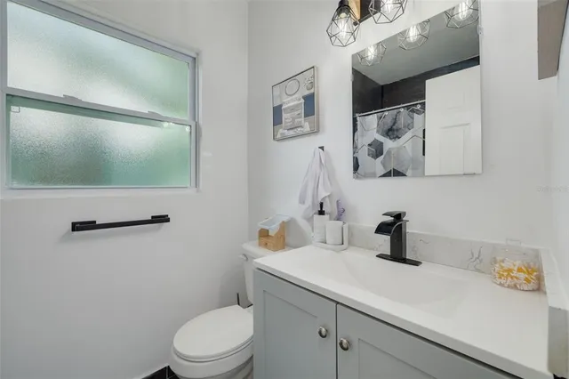 a bathroom with a sink a toilet and mirror