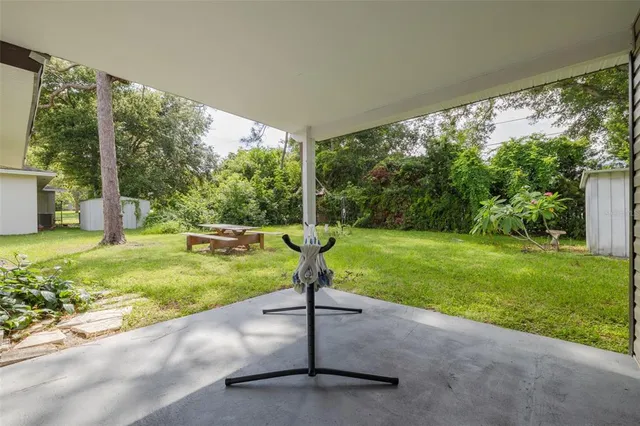 a view of a garden with a slide